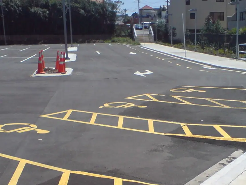 A car park after resurfacing and line marking