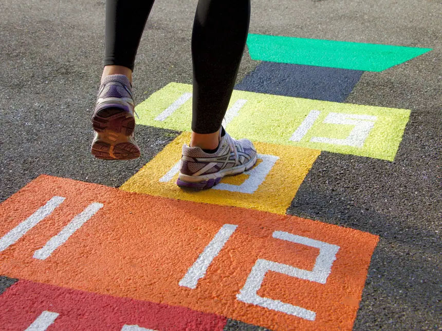 Hopscotch markings painted on a play surface