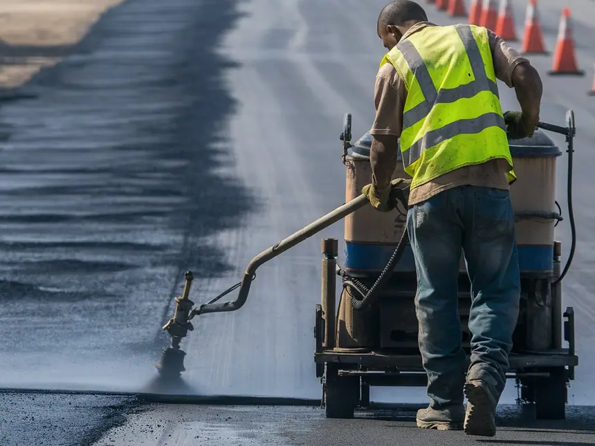 A hi-vis operative spraying binder onto a road