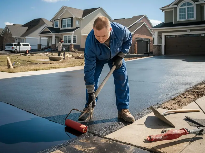 A driveway being sealed with a squeegee